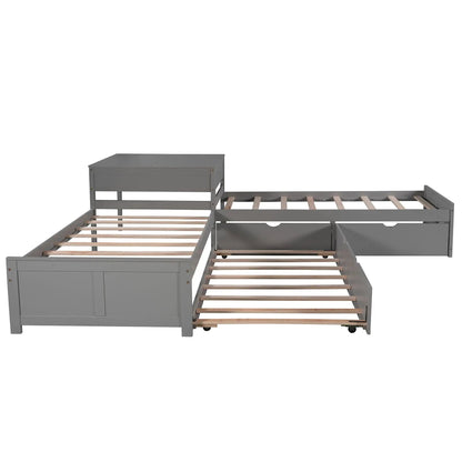L-shaped platform bed with trundle, drawers and built-in desk; gray metal frame with wood slats on Tampa Home & Garden Store