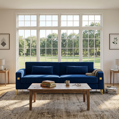 Luxury Velvet Sofa with Gold Accents in rich blue velvet with brass hardware on Tampa Home & Garden Store