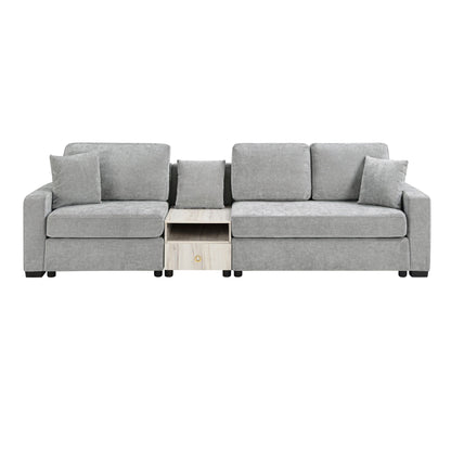 Modular sofa couch with storage armrest and center console in gray fabric on Tampa Home & Garden Store
