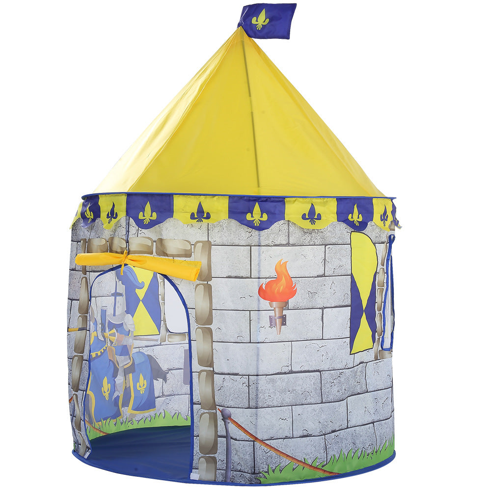 Children's castle tent for outdoor play with yellow peak roof and stone-wall print on Tampa Home & Garden Store