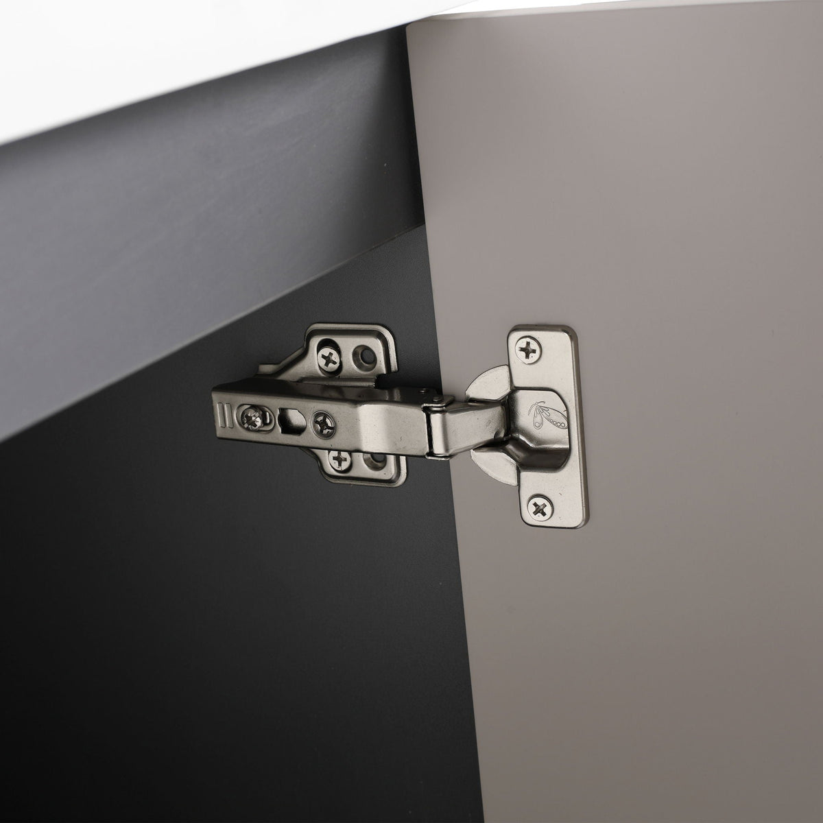 Freestanding bath vanity hinge detail on gray door panel by HouseOfZazla on Tampa Home & Garden Store