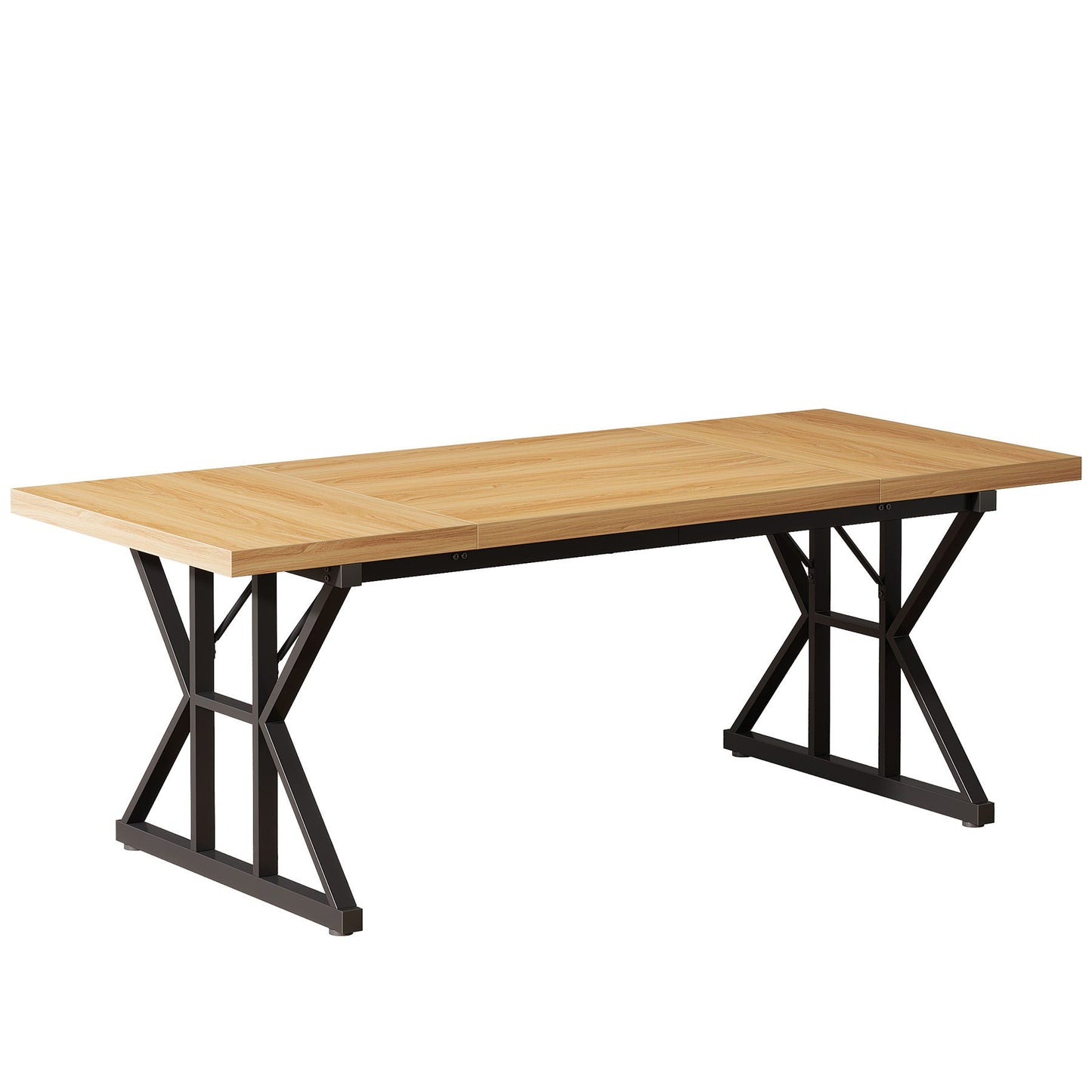 Rectangular dining table by HouseOfZazla with oak finish top and black X-trestle legs on Tampa Home & Garden Store