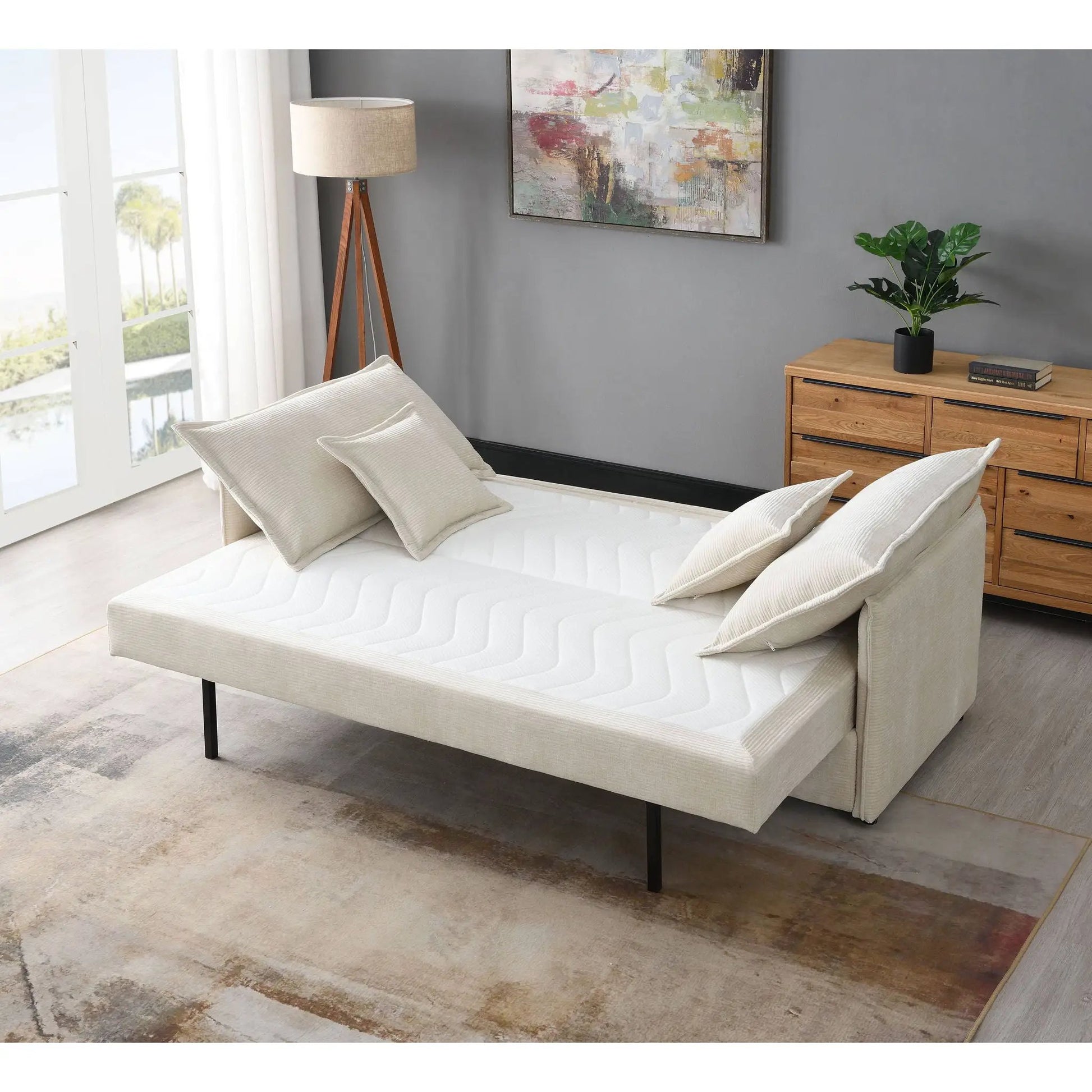 Elisea sleeper sectional sofa beige fabric with 2 toss pillows on Tampa Home & Garden Store