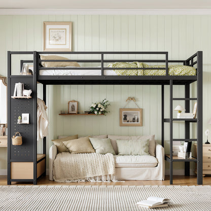 Twin XL Metal Loft Bed With Wardrobe and Shelves