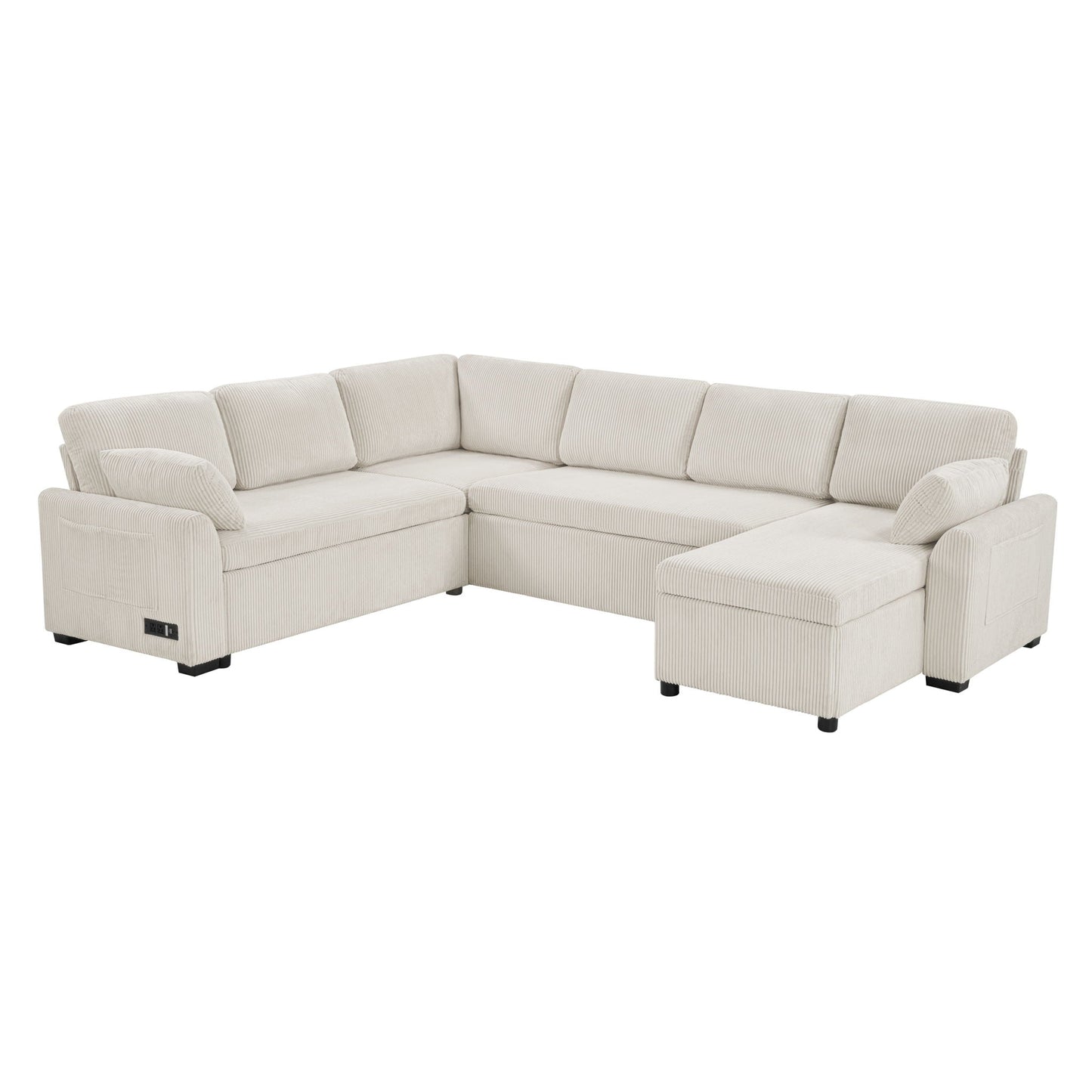 Beige convertible U-shaped sectional sofa bed with reversible chaise, corduroy fabric on Tampa Home & Garden Store