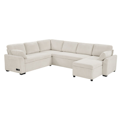 Beige convertible U-shaped sectional sofa bed with reversible chaise, corduroy fabric on Tampa Home & Garden Store