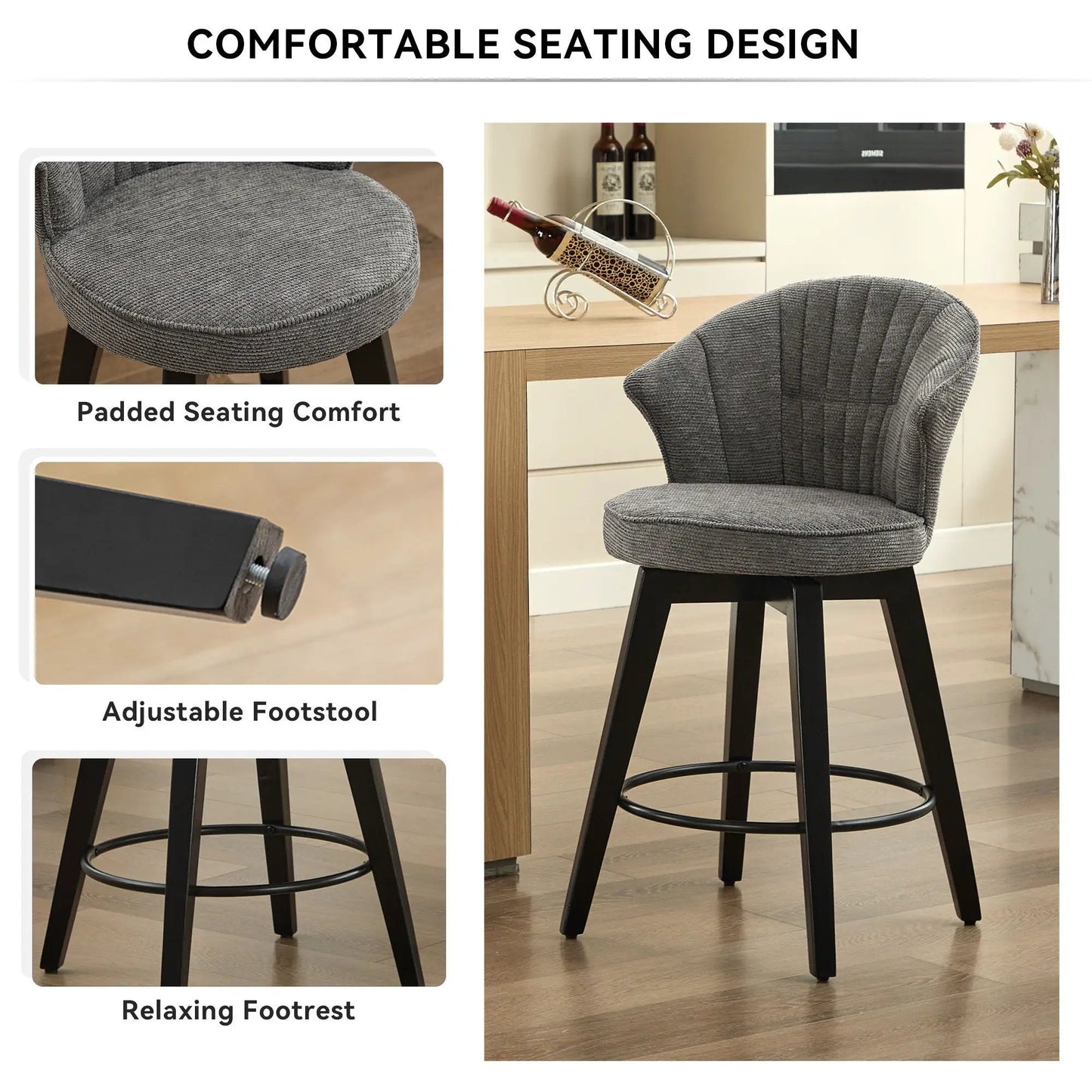 Wing Back Swivel Bar Stools set of 2, gray padded fabric, swivel seat by Unique Piece Furniture on Tampa Home & Garden Store