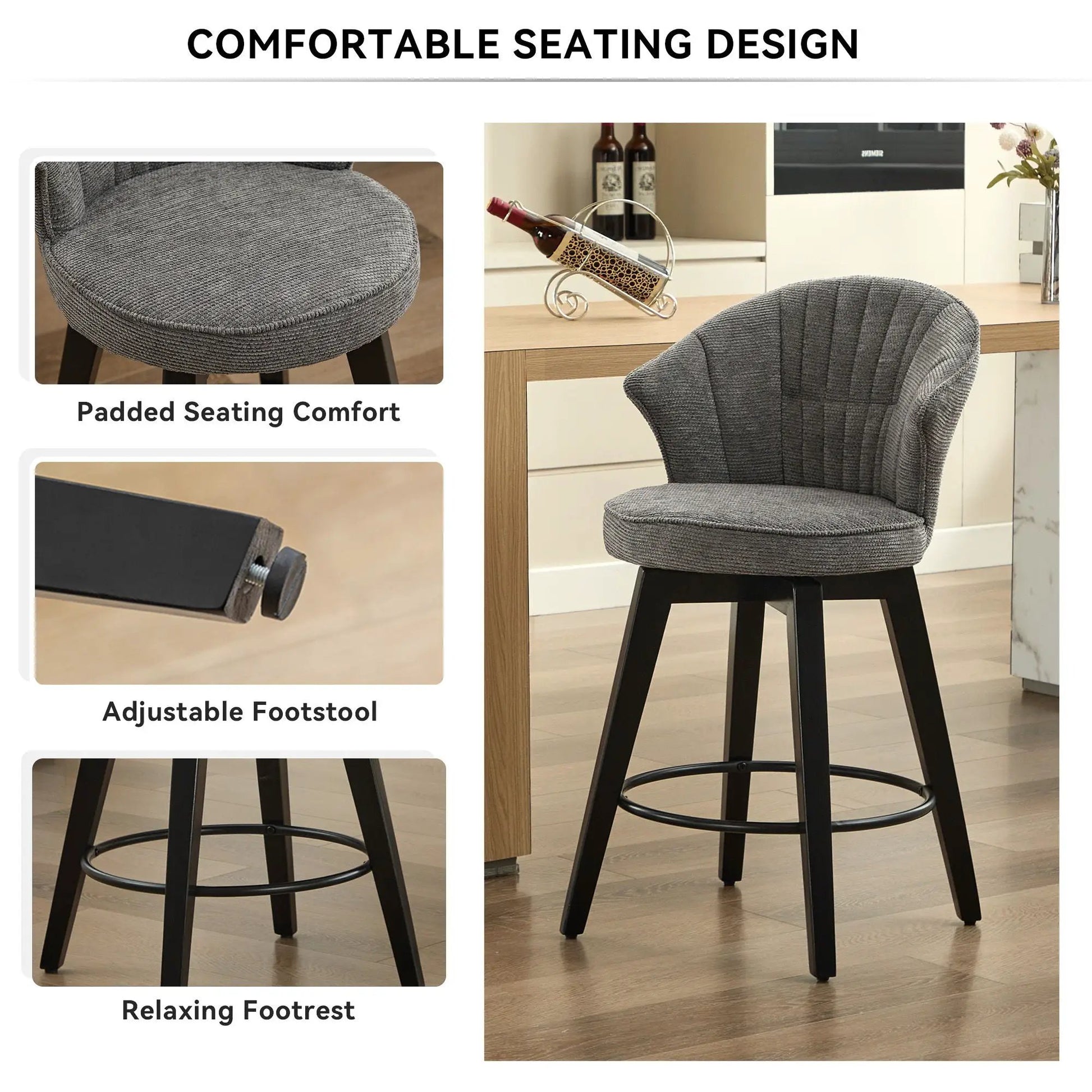 Wing Back Swivel Bar Stools set of 2, gray padded fabric, swivel seat by Unique Piece Furniture on Tampa Home & Garden Store