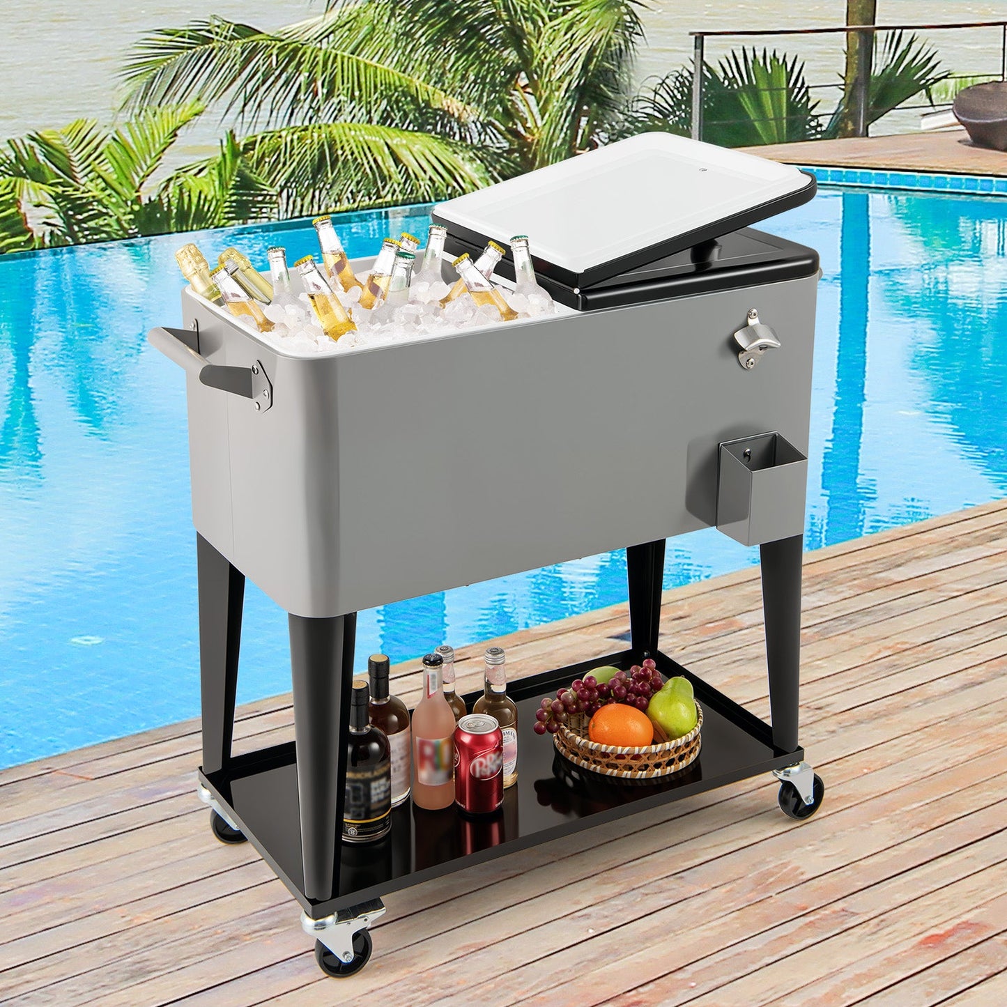 GemGear portable patio cooler on wheeled cart with icefilled top bottle opener and bottom shelf on Tampa Home & Garden Store
