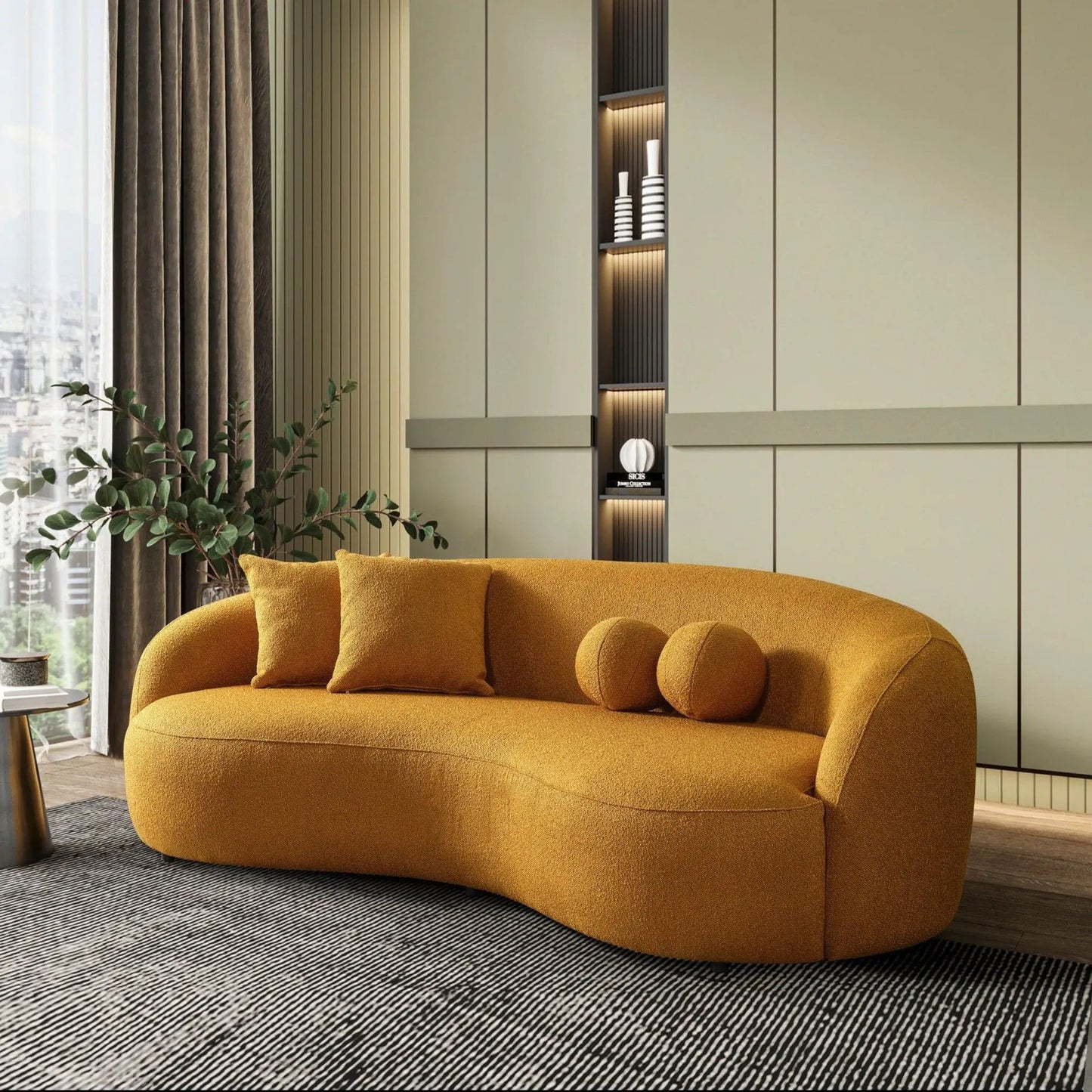 Drake Japandi Curvy Boucle Sofa, mustard upholstery, stationary sofa by Unique Piece Furniture on Tampa Home & Garden Store