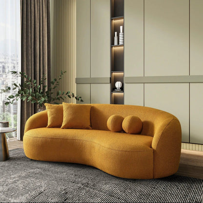 Drake Japandi Curvy Boucle Sofa, mustard upholstery, stationary sofa by Unique Piece Furniture on Tampa Home & Garden Store