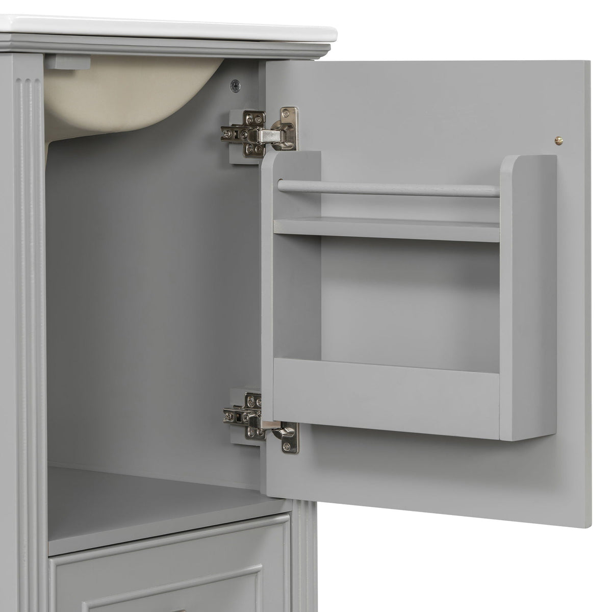 Retro bathroom vanity with sink gray cabinet open door shows interior shelf and silver soft-close hinges on Tampa Home & Garden Store