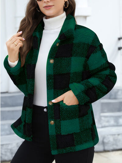 Stevvex green-black plaid fuzzy drop-shoulder jacket with button-front casual fit on Tampa Home & Garden Store