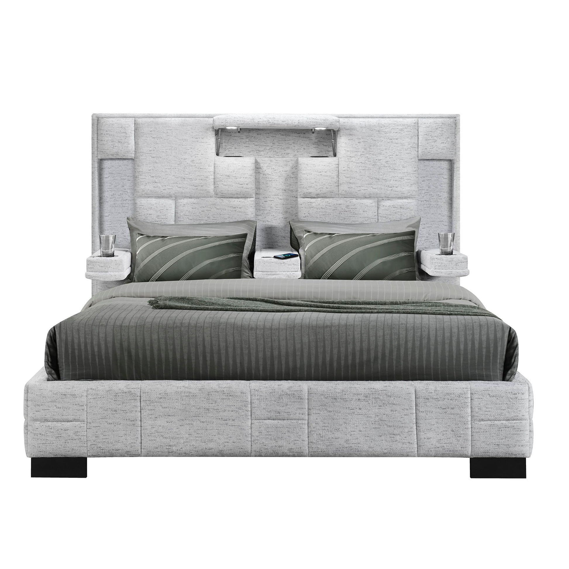 Yaris bed upholstered in grey fabric with tufted headboard by HouseOfZazla on Tampa Home & Garden Store