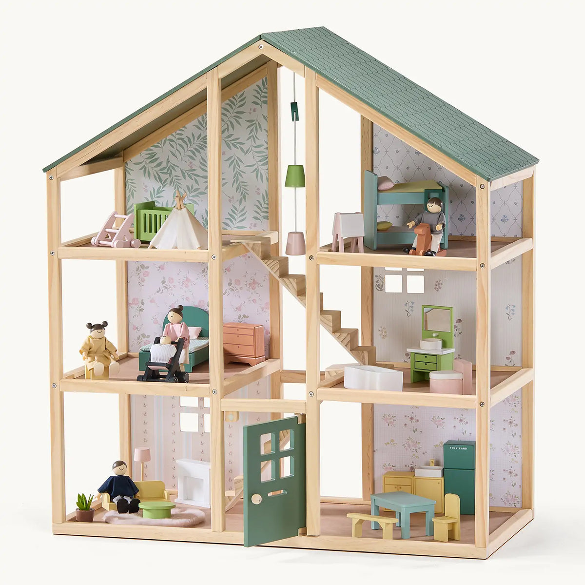 Dollhouse Tiny Land INC Evergreen Sweetwood wooden multilevel with green roof on Tampa Home & Garden Store