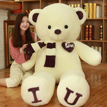 Heart Bear Plush Toy cream teddy with maroon scarf and Love patch; I U letters on feet on Tampa Home & Garden Store