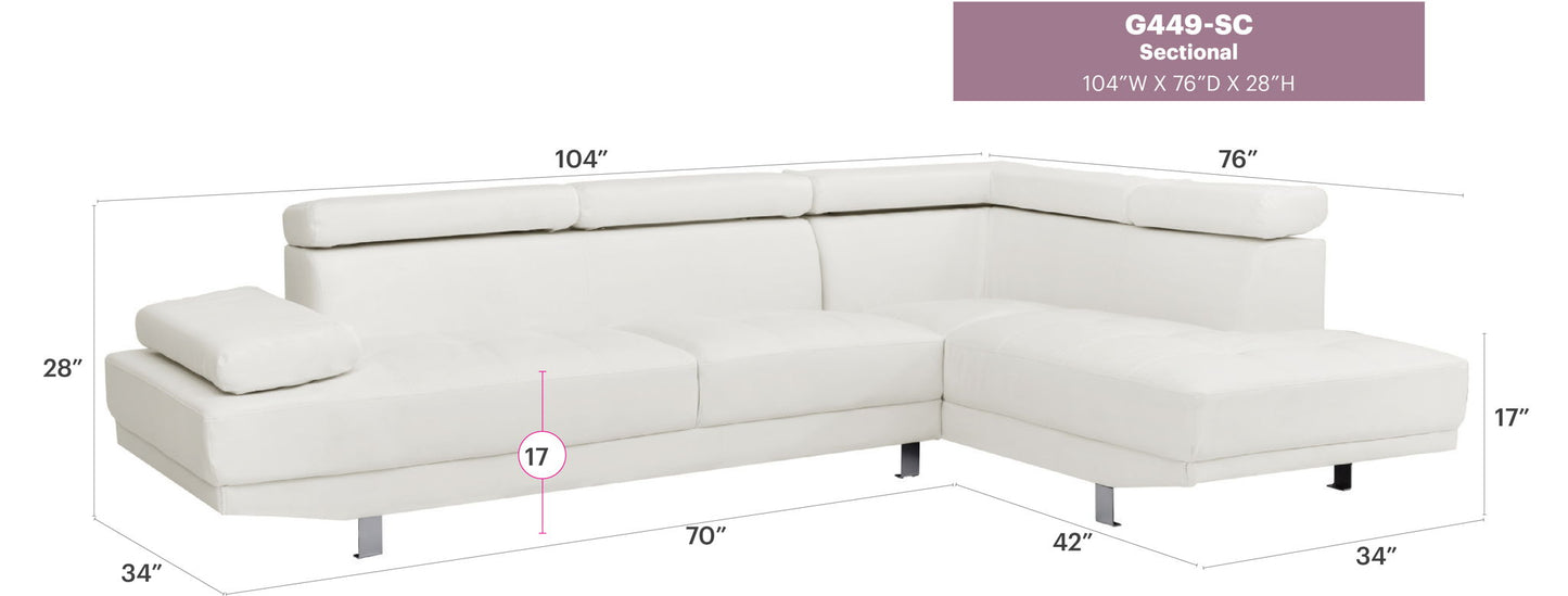 Riveredge Comfort Sectional by HouseOfZazla, white leather-look upholstery with chaise on Tampa Home & Garden Store