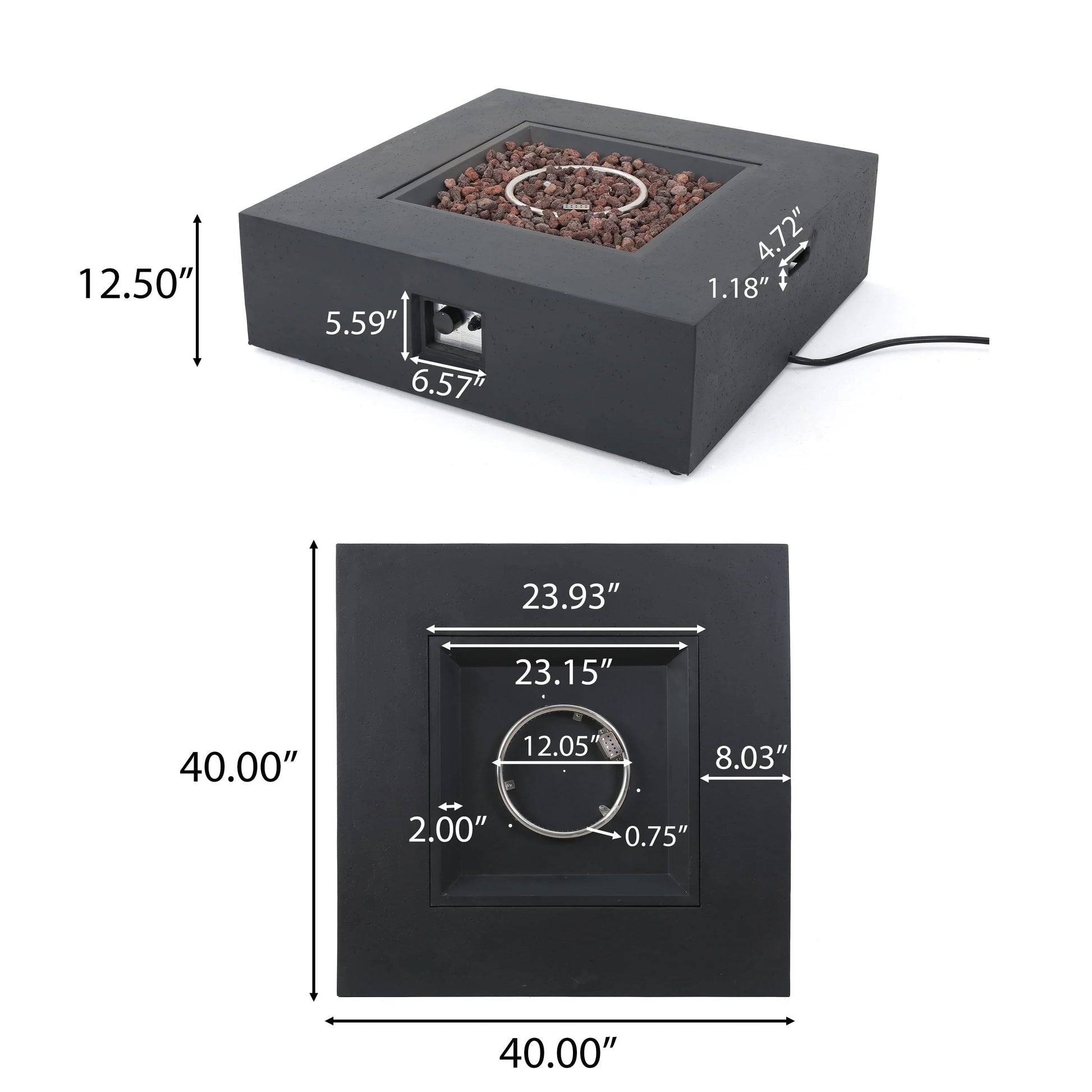 Outdoor propane fire pit HouseOfZazla 50k BTU dark grey with tank holder lava rock bed circular burner on Tampa Home & Garden Store