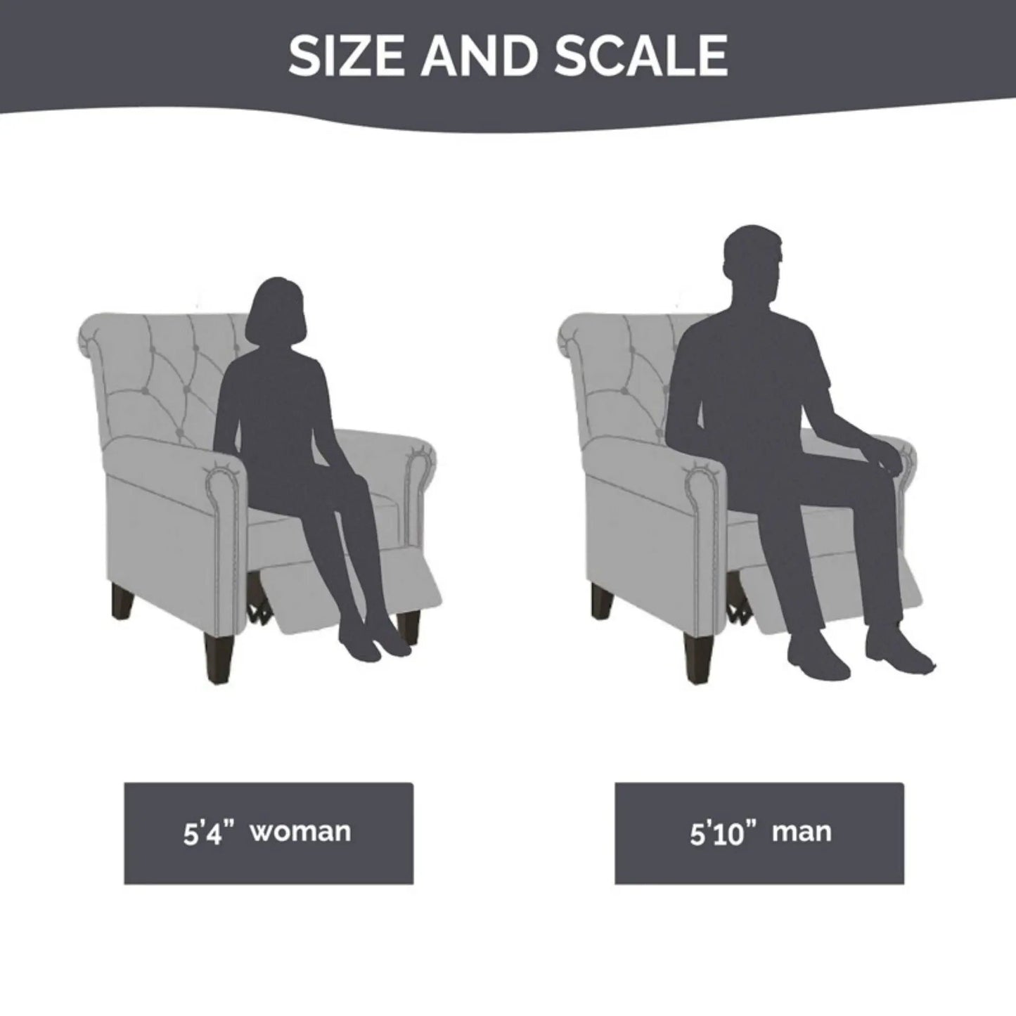 Aidan cream push-back recliner with tufted back and nailhead trim; size guide 5'4 vs 5'10 on Tampa Home & Garden Store