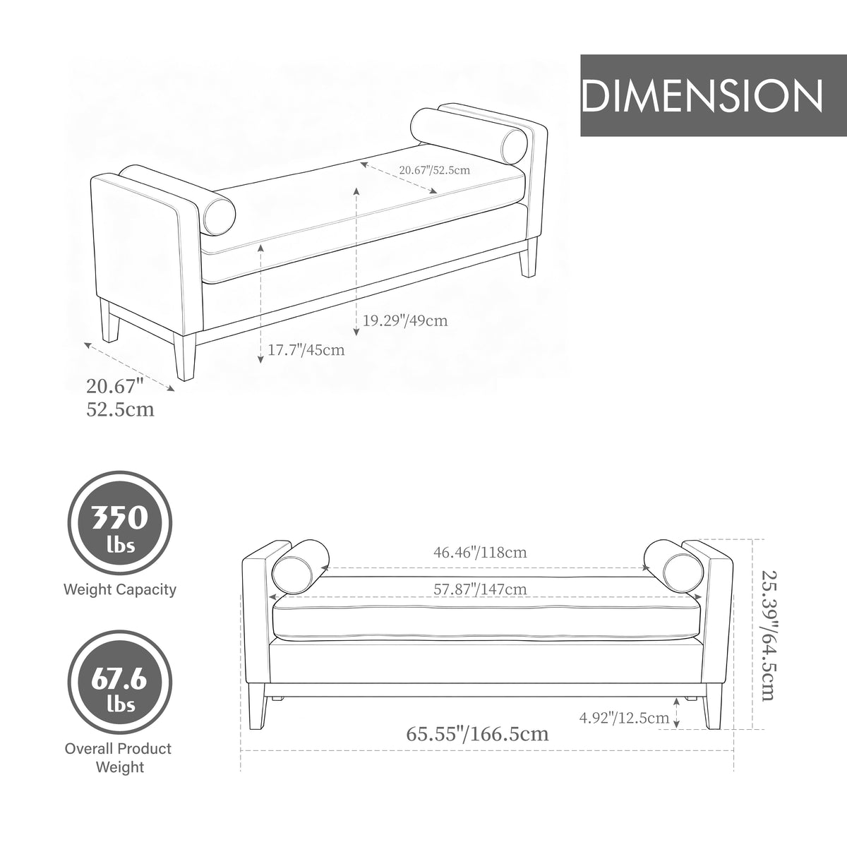 65.5W upholstered end-of-bed bench with weathered finish by HouseOfZazla blueprint dimensions on Tampa Home & Garden Store