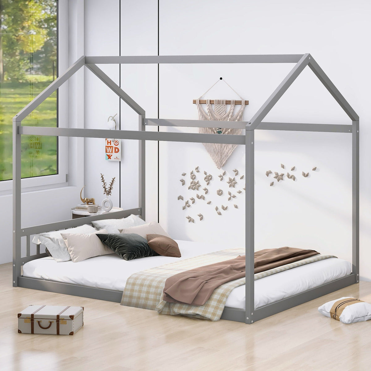 Wooden house bed with headboard in gray, canopy frame by HouseOfZazla on Tampa Home & Garden Store
