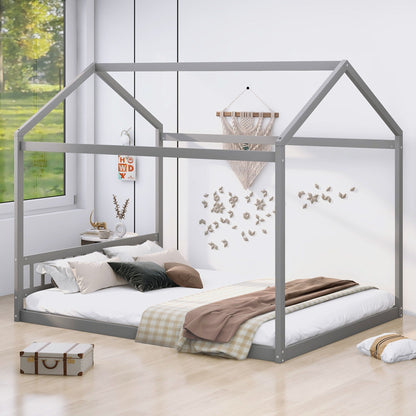 Wooden house bed with headboard in gray, canopy frame by HouseOfZazla on Tampa Home & Garden Store