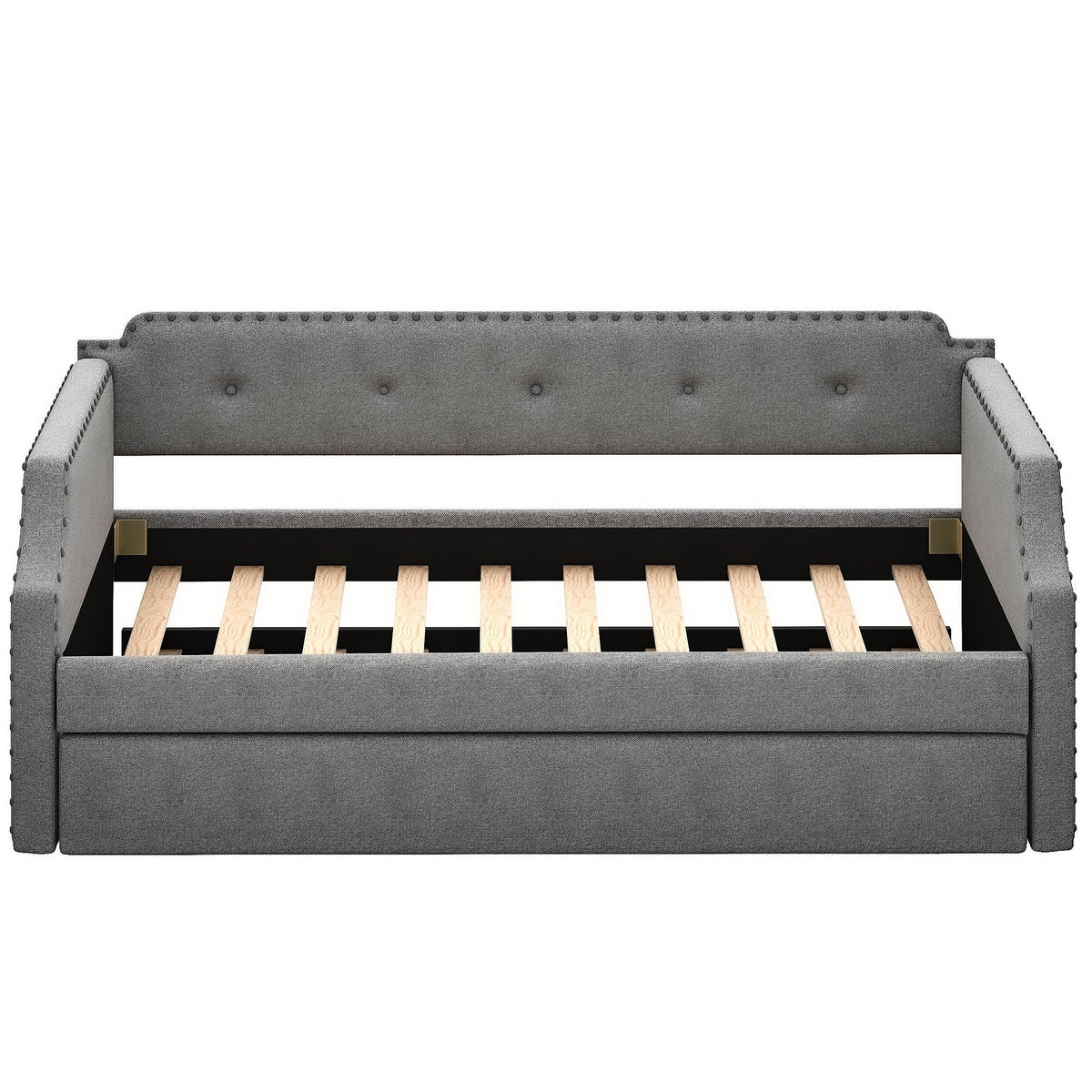 Upholstered Daybed With Trundle, grey fabric, nailhead trim, 2-piece set by HouseOfZazla on Tampa Home & Garden Store