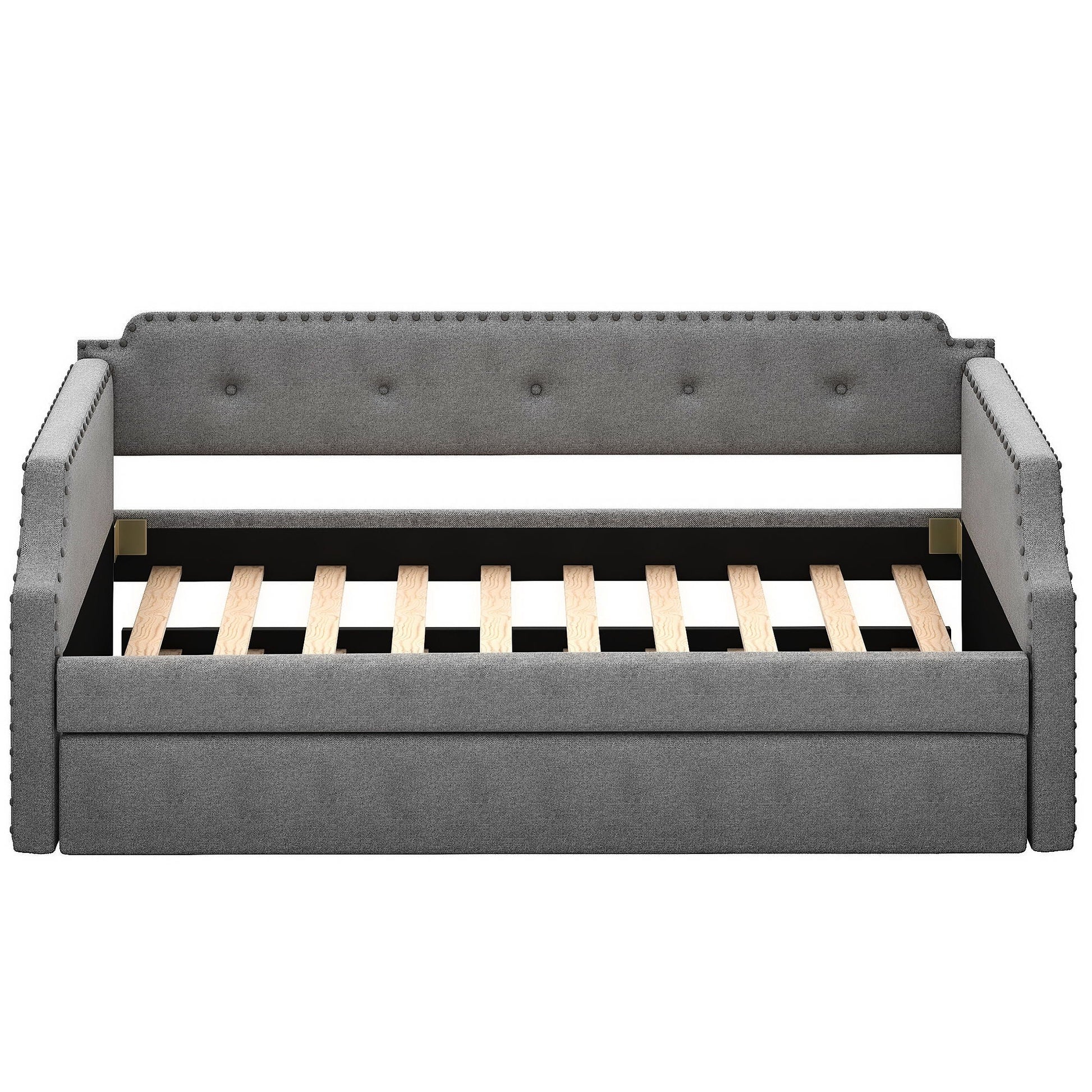 Upholstered Daybed With Trundle, grey fabric, nailhead trim, 2-piece set by HouseOfZazla on Tampa Home & Garden Store