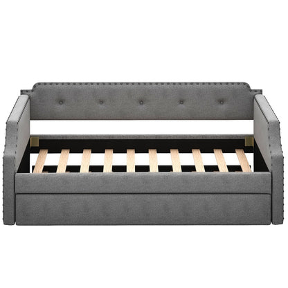Upholstered Daybed With Trundle, grey fabric, nailhead trim, 2-piece set by HouseOfZazla on Tampa Home & Garden Store