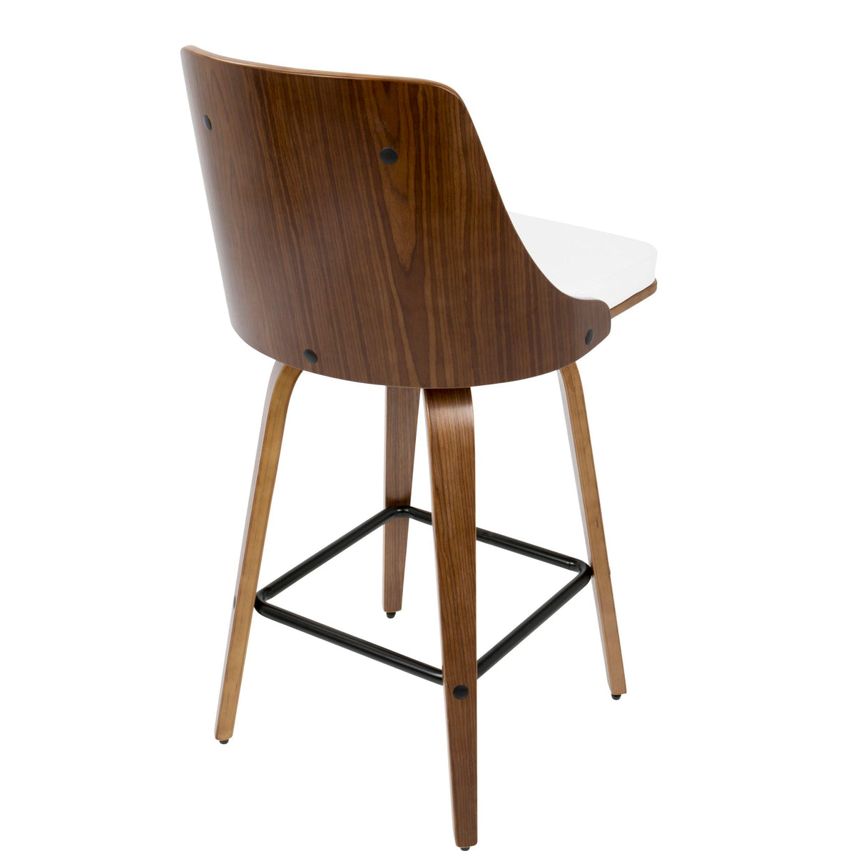 Mid Century Modern counter stool in walnut wood with white cushioned seat, swivel on Tampa Home & Garden Store