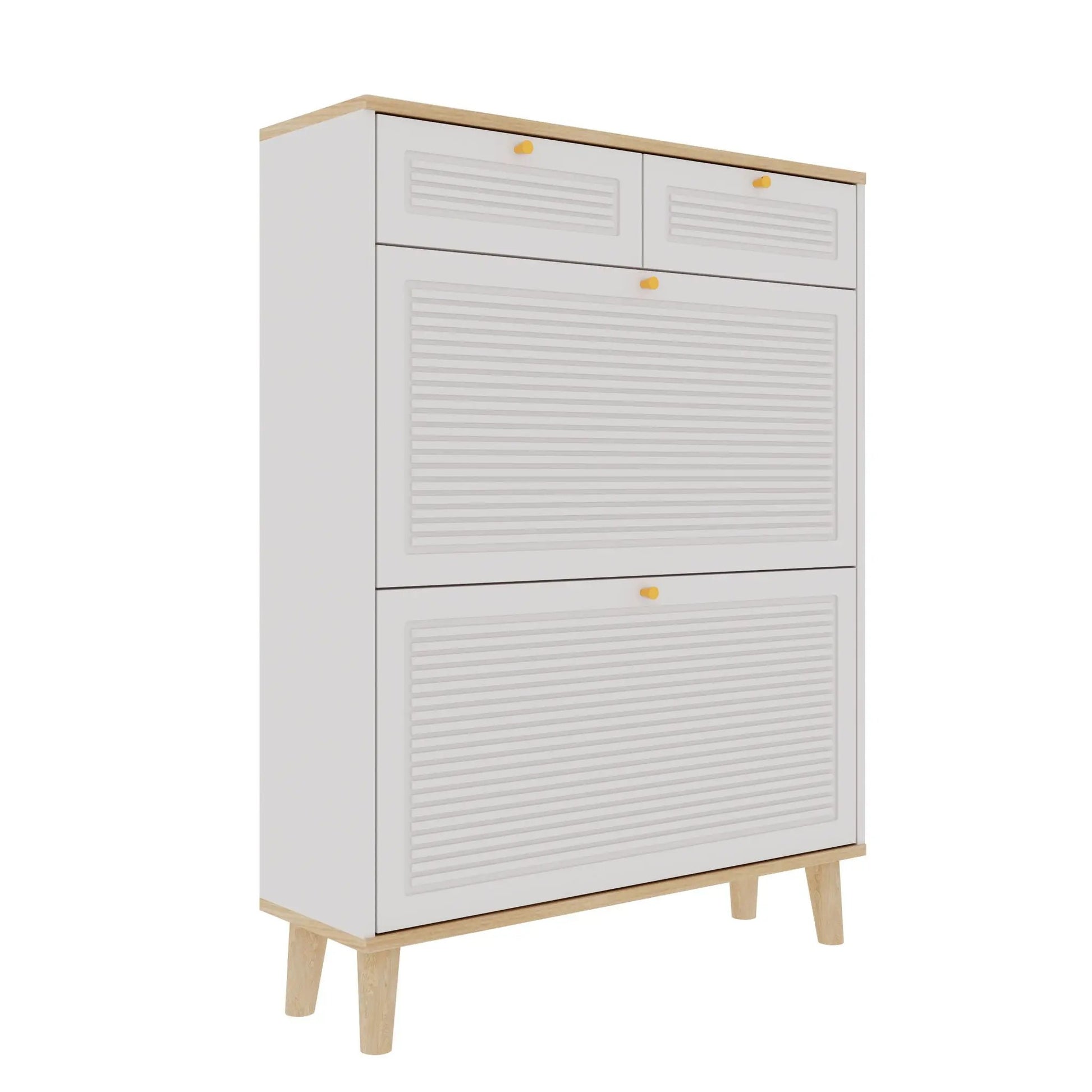Modern freestanding shoe cabinet with flip-up doors and drawers, white with wood top on Tampa Home & Garden Store