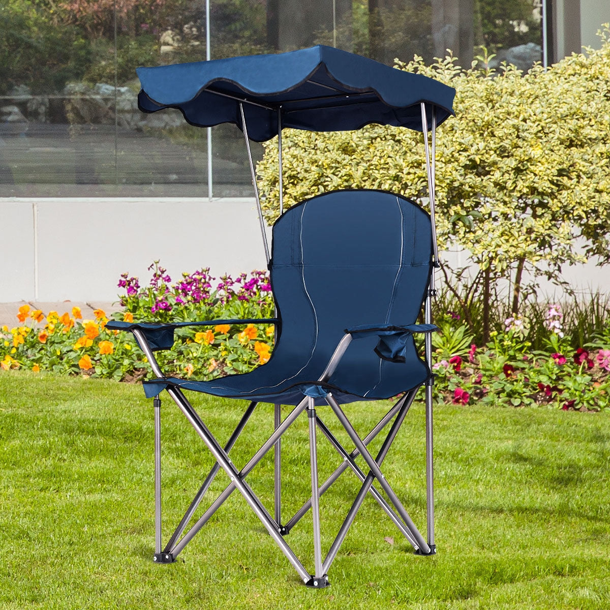 GemGear folding beach canopy chair with cup holders, navy blue fabric and steel frame on Tampa Home & Garden Store
