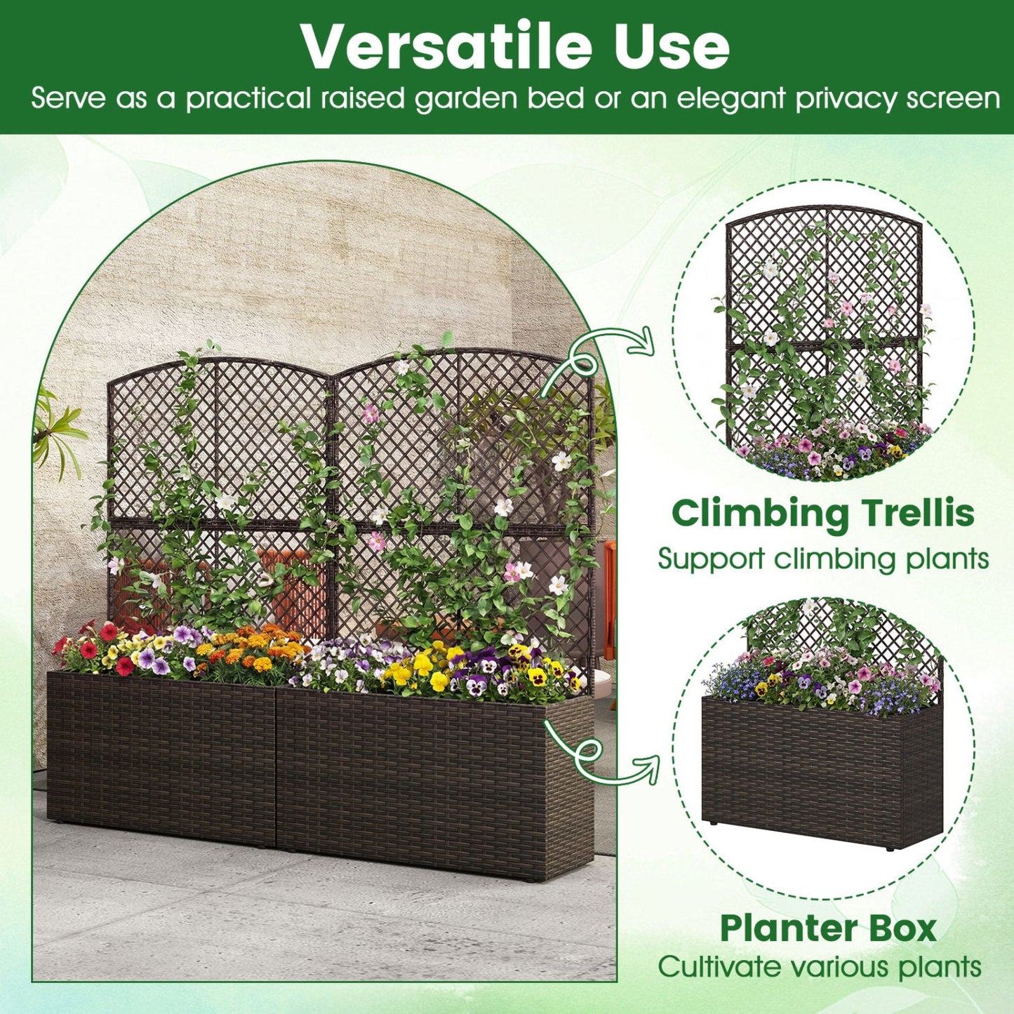 49 Inch Raised Garden Bed with Trellis and Wicker Planter Box