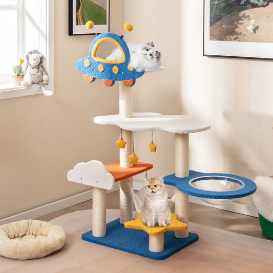 49 Inches Tall Cat Tree with UFO Top Perch Space Capsule and Sisal Scratching Posts-Blue - Tampa Home & Garden Store