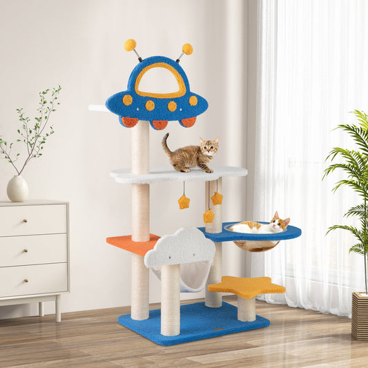 49 Inches Tall Cat Tree with UFO Top Perch Space Capsule and Sisal Scratching Posts-Blue - Tampa Home & Garden Store