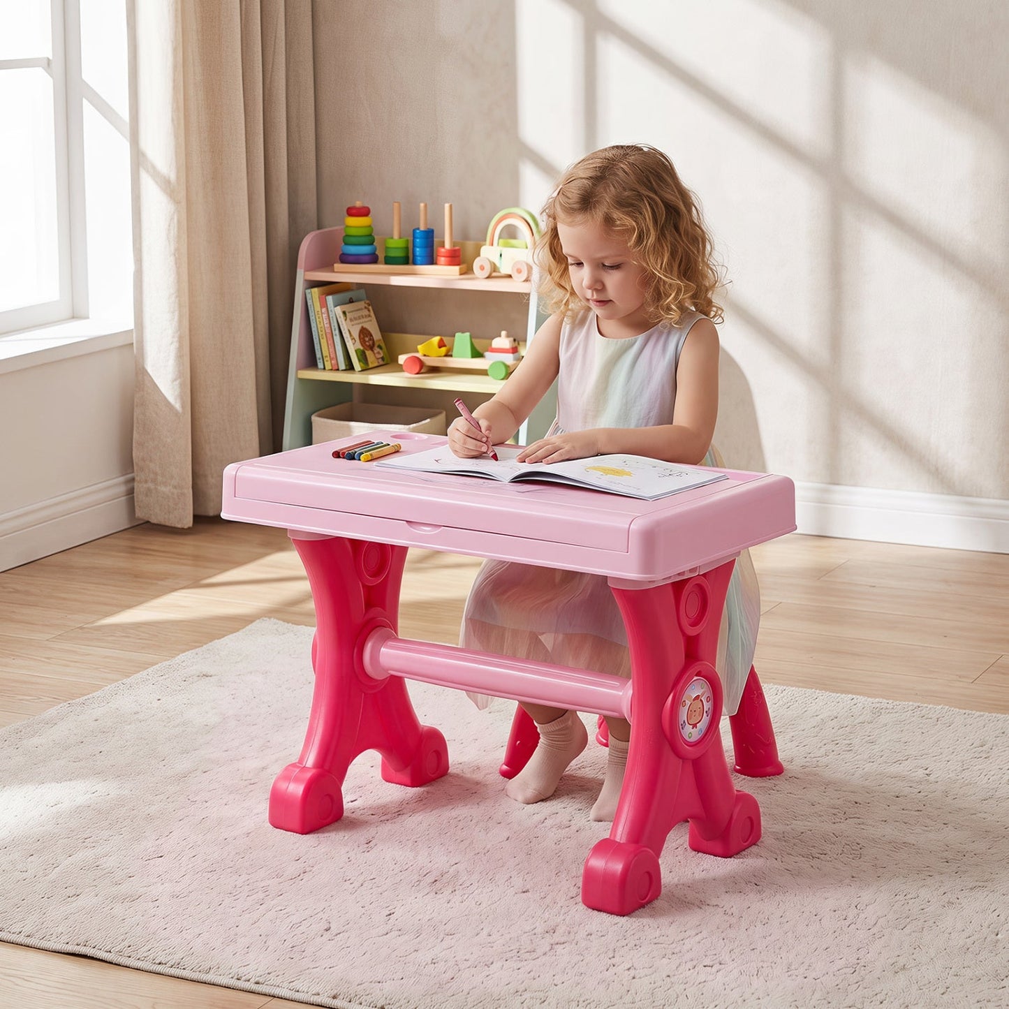 DirectDeals 49-key kids electric piano keyboard with microphone on pink plastic kids table on Tampa Home & Garden Store