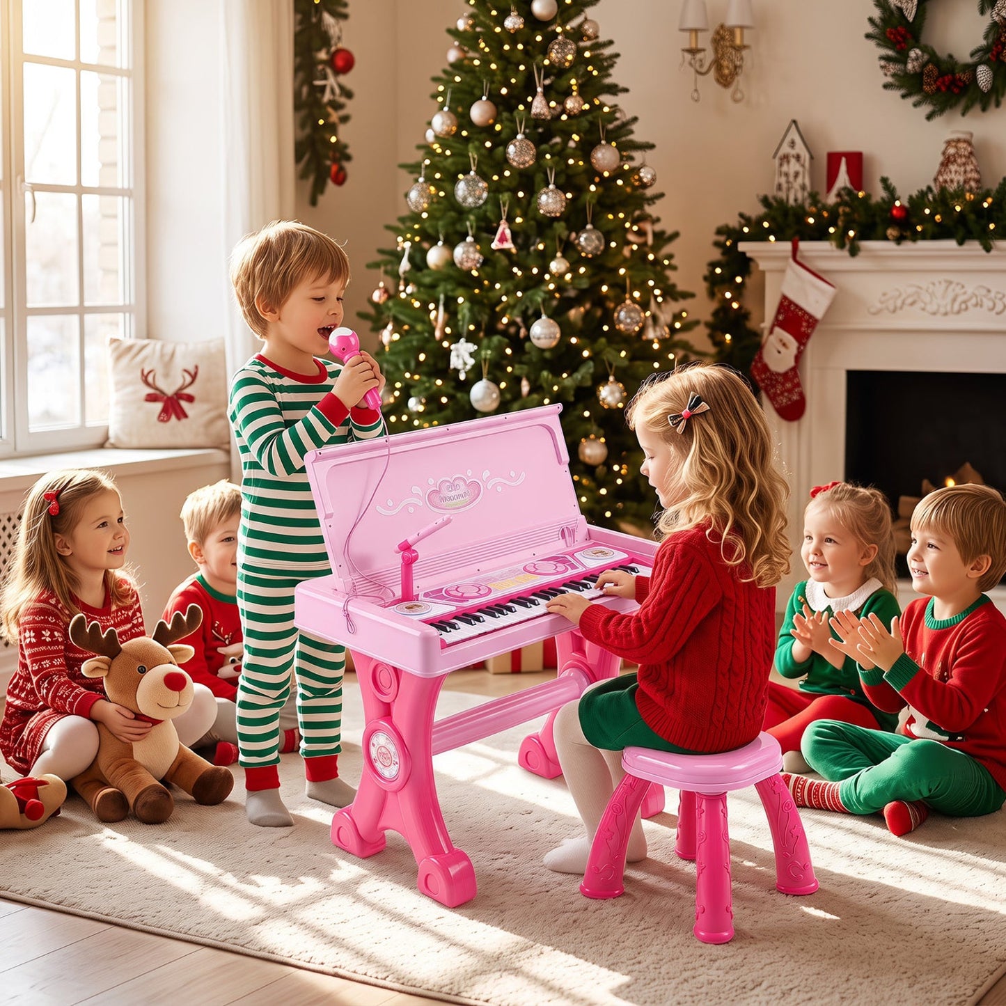 49-key kids electric piano keyboard in pink with stool and microphone on Tampa Home & Garden Store