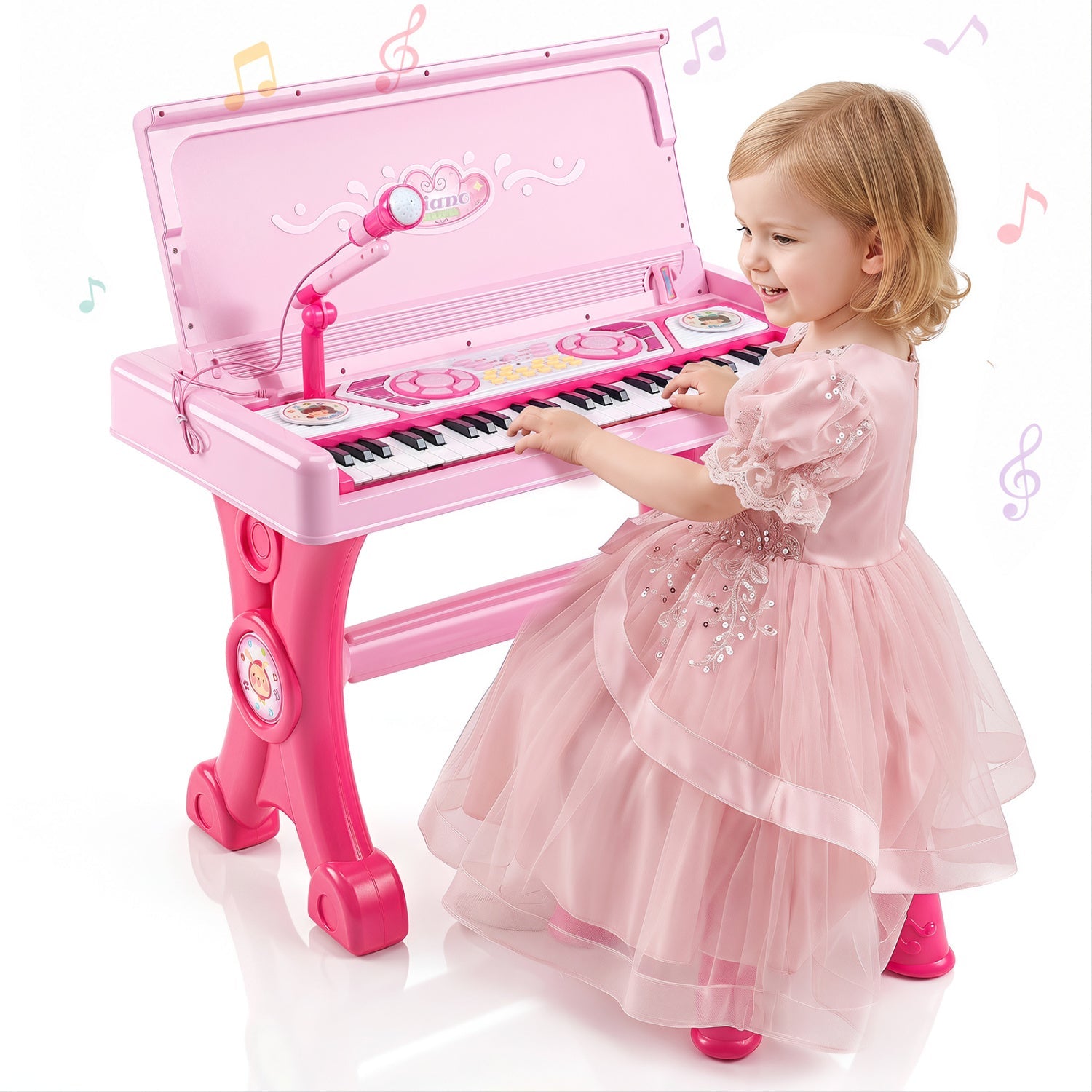 49-key kids electric piano keyboard DirectDeals pink with microphone and stool, child playing on Tampa Home & Garden Store