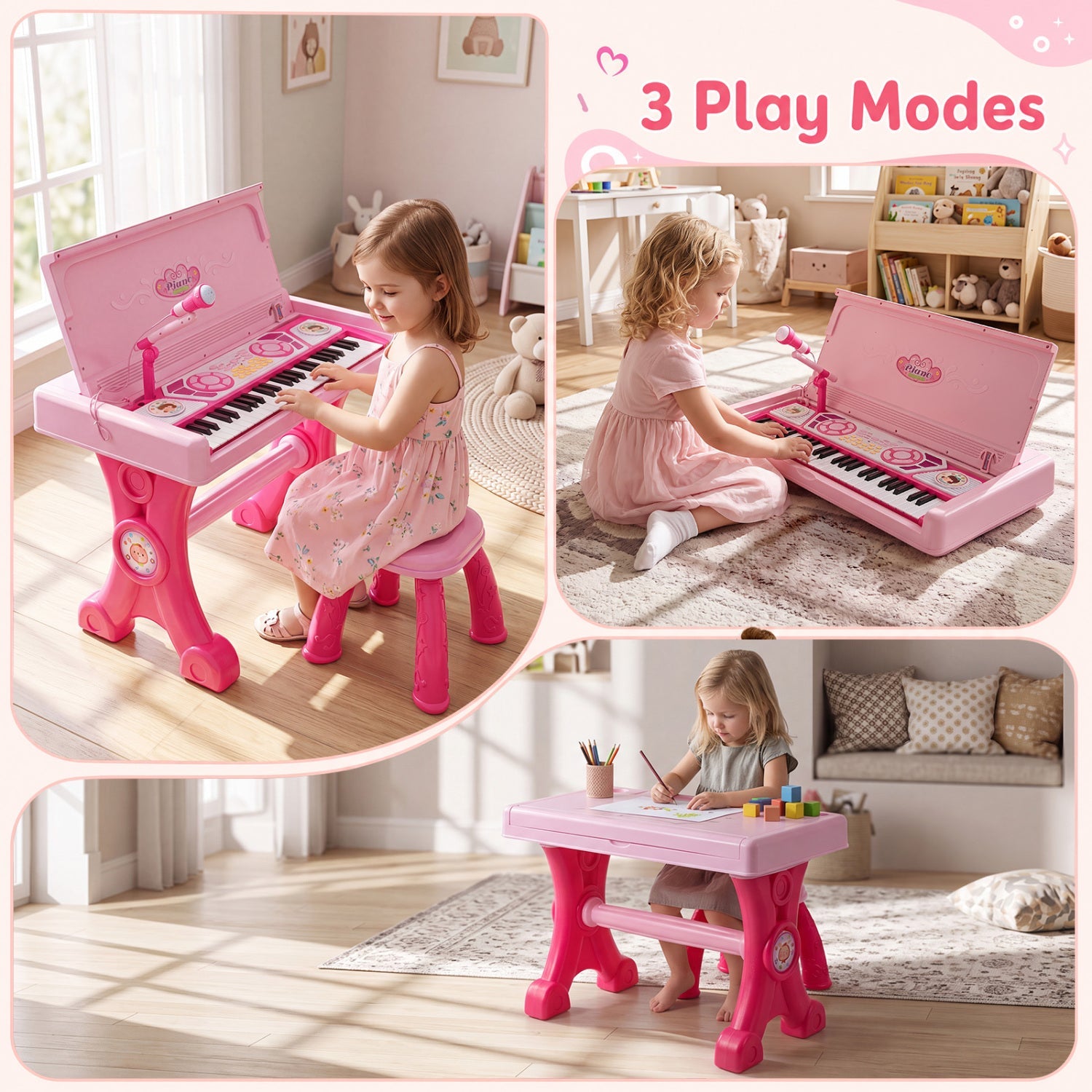Pink DirectDeals 49-Key Kids Keyboard with stool and microphone in a bright playroom on Tampa Home & Garden Store