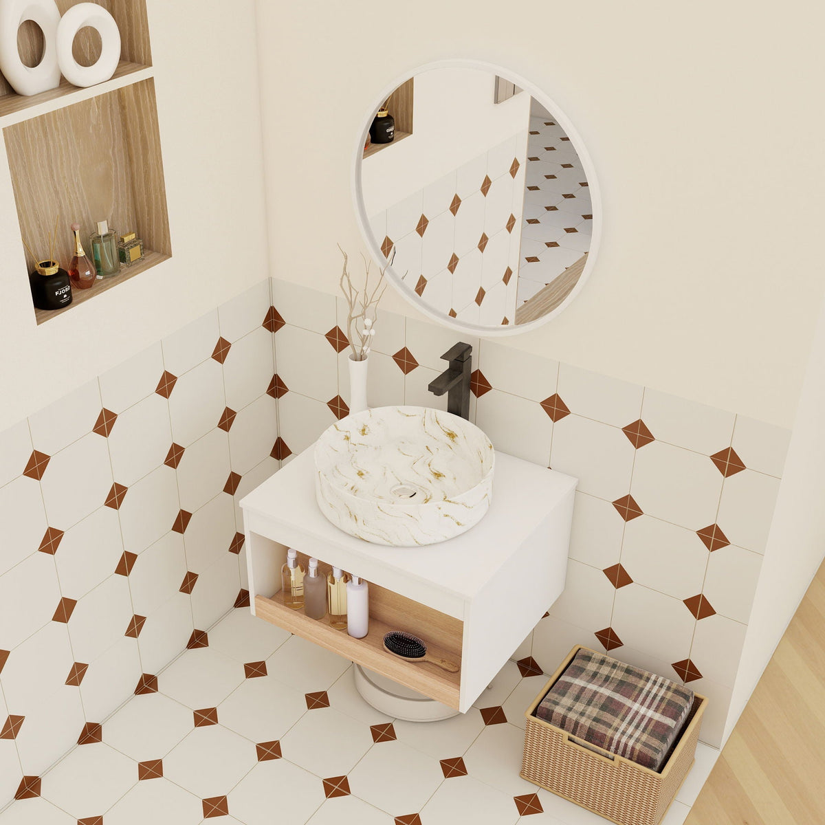 Floating bathroom vanity with vessel sink, white and wood finish, round mirror on Tampa Home & Garden Store