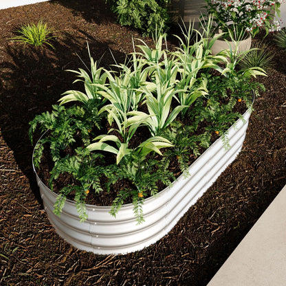 Heavy Duty Galvanized Raised Garden Bed Kit in white, filled with variegated ornamental grasses on Tampa Home & Garden Store