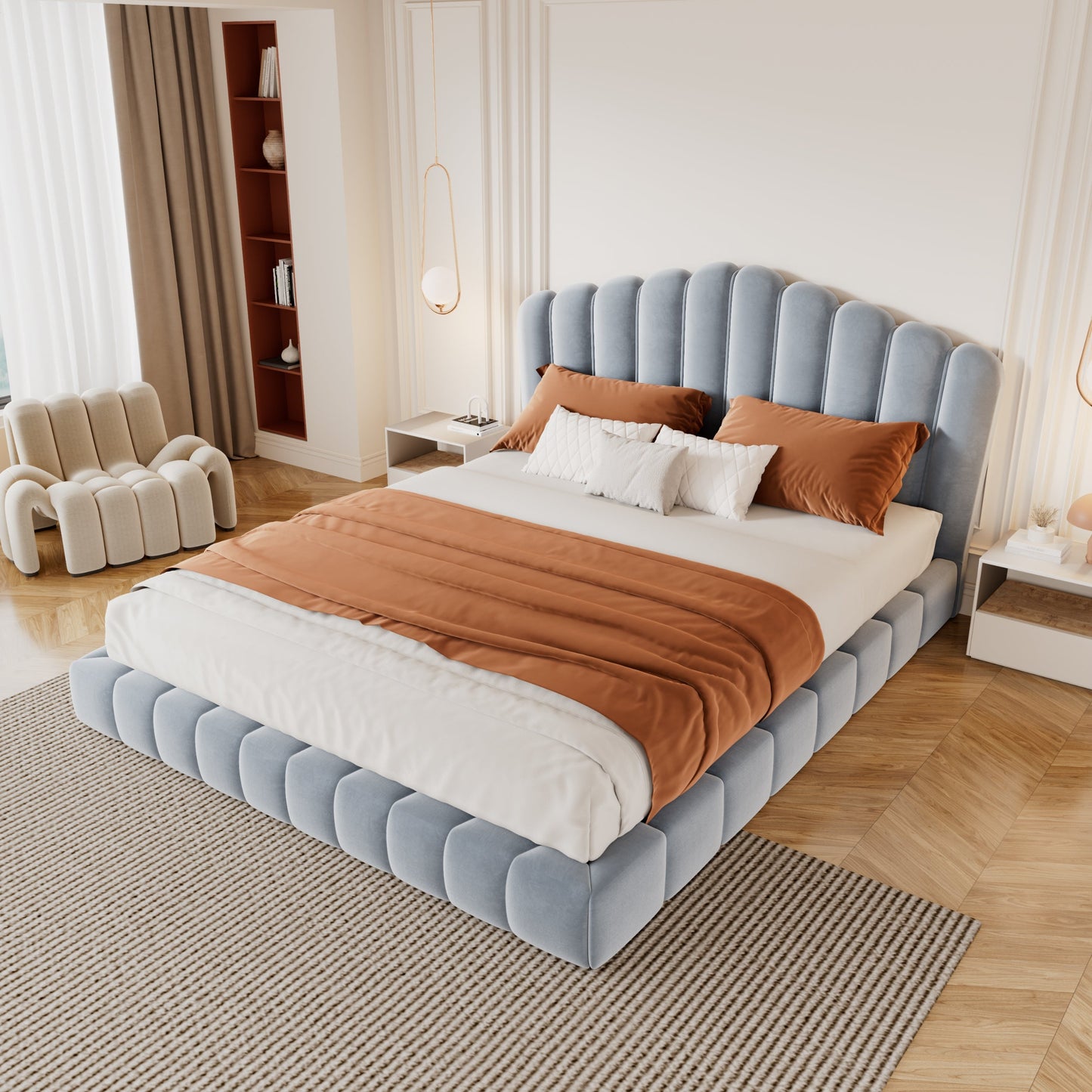 Velvet Upholstered Queen Bed with Shell Headboard