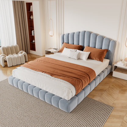 Velvet Upholstered Queen Bed with Shell Headboard