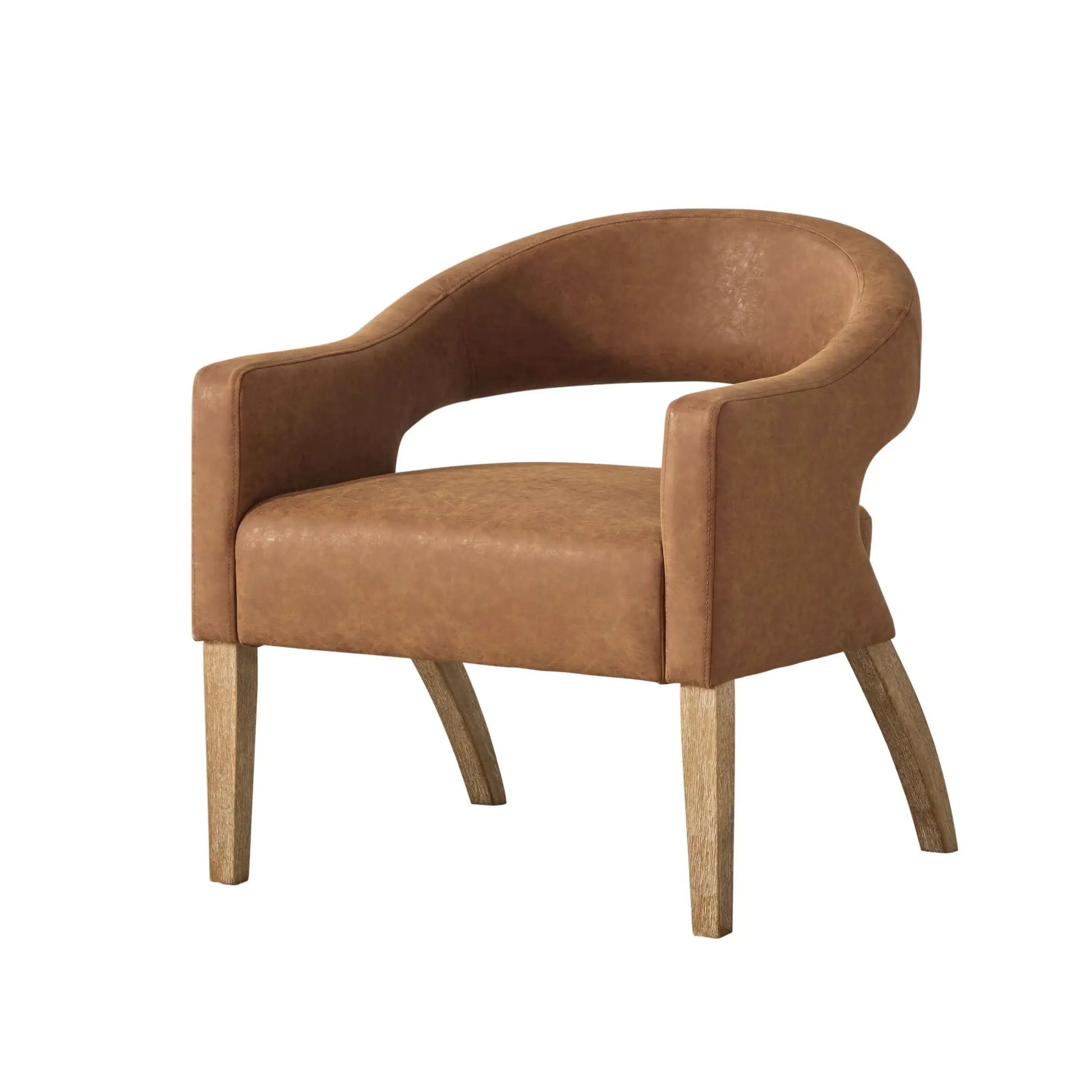 Upholstered open-back armchair in tan leather with weathered rubberwood legs on Tampa Home & Garden Store