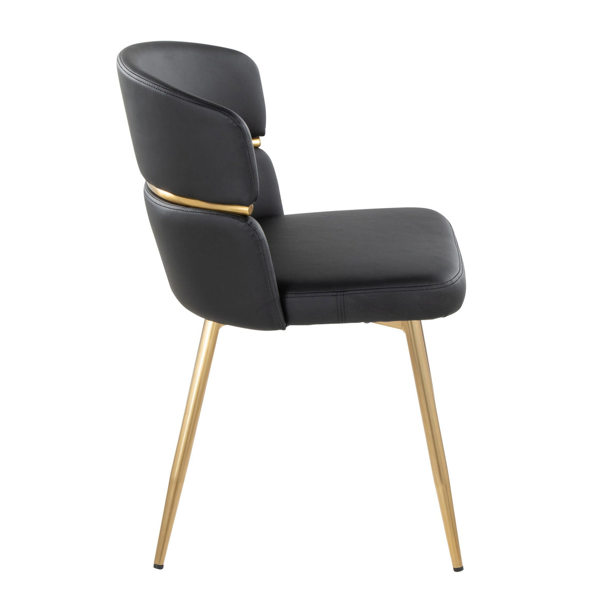 Art Deco dining chair in black faux leather with gold metal legs and ring accents on Tampa Home & Garden Store