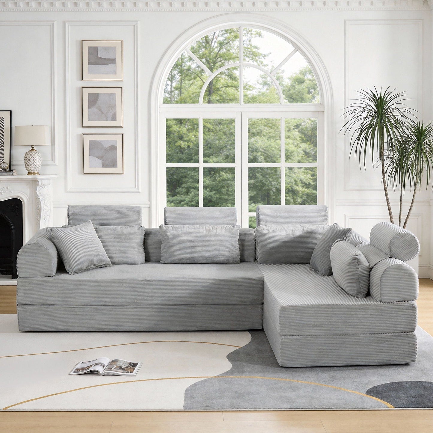 Modern L-Shape Sectional Sofa in light gray ribbed fabric, compressed design HouseOfZazla on Tampa Home & Garden Store