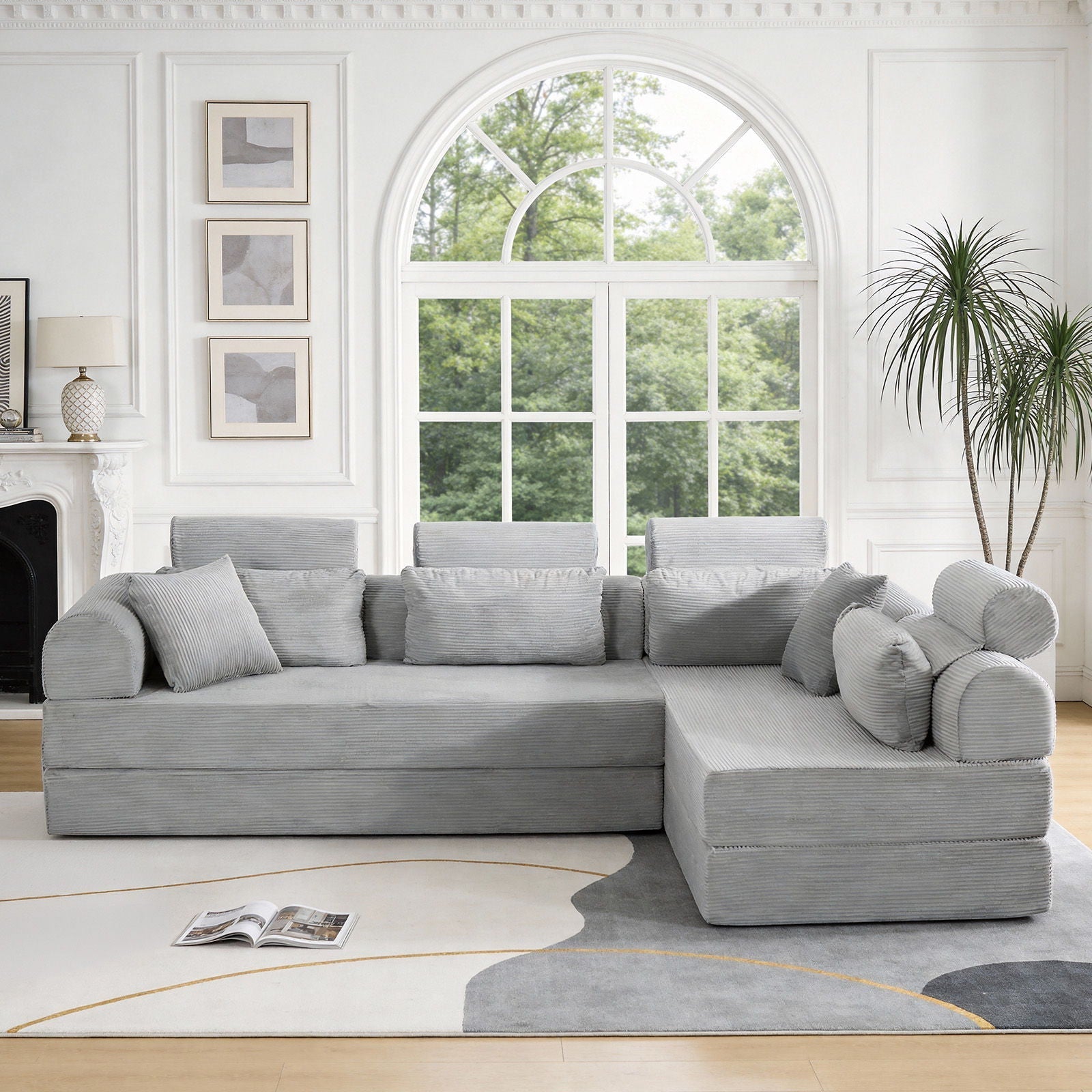Modern L-Shape Sectional Sofa in light gray ribbed fabric, compressed design HouseOfZazla on Tampa Home & Garden Store