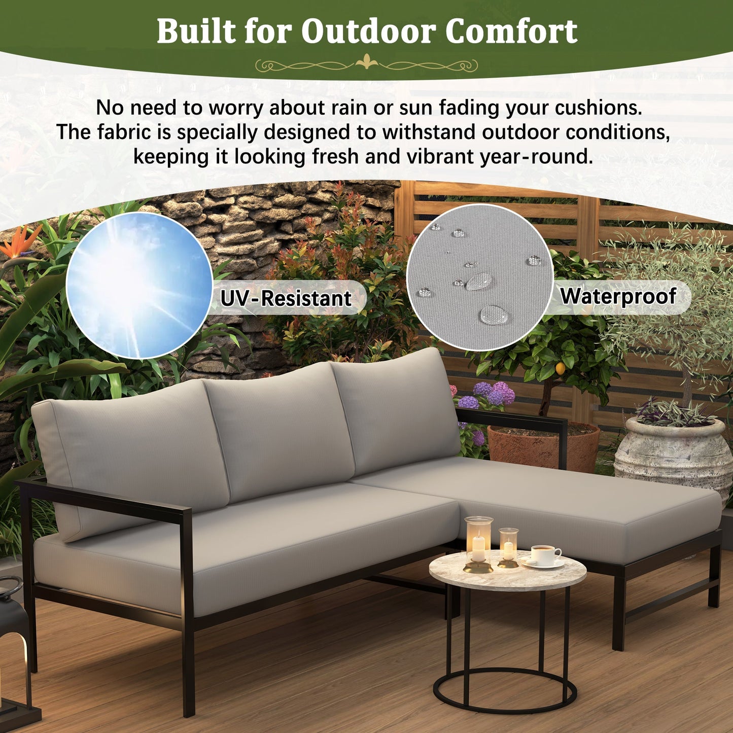 U_style Outdoor L‑Shaped Sofa with Iron Frame, ultra-thick gray cushions on a black frame on Tampa Home & Garden Store