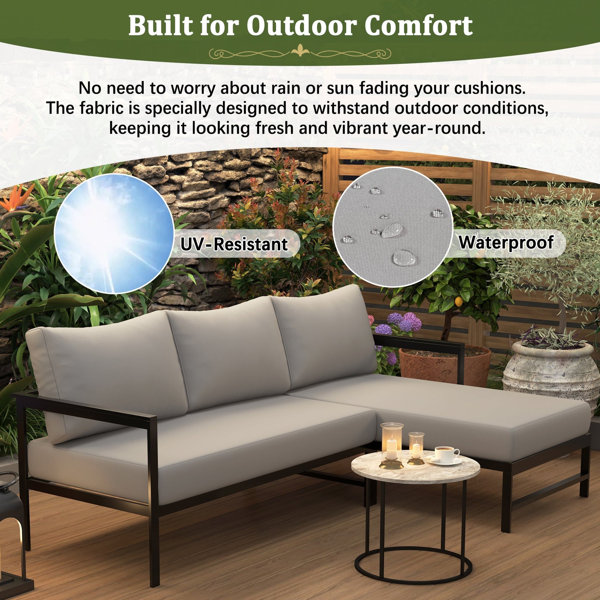U_style Outdoor L‑Shaped Sofa with Iron Frame, ultra-thick gray cushions on a black frame on Tampa Home & Garden Store
