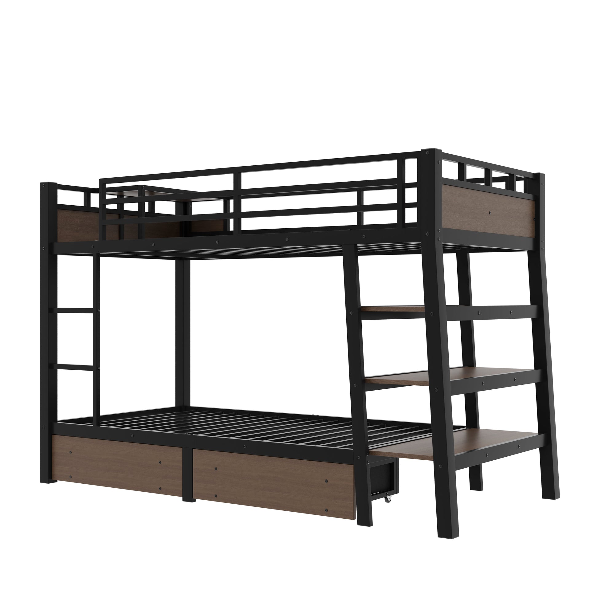 Twin size metal bunk bed with black frame, wood panels and built-in storage shelves on Tampa Home & Garden Store
